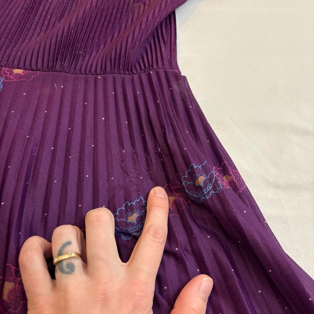 Purple Floral Midi Dress with Micro Pleated Skirt Vintage‎ 70s - Picture 7 of 8